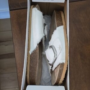 White Frayed Slide Sandals